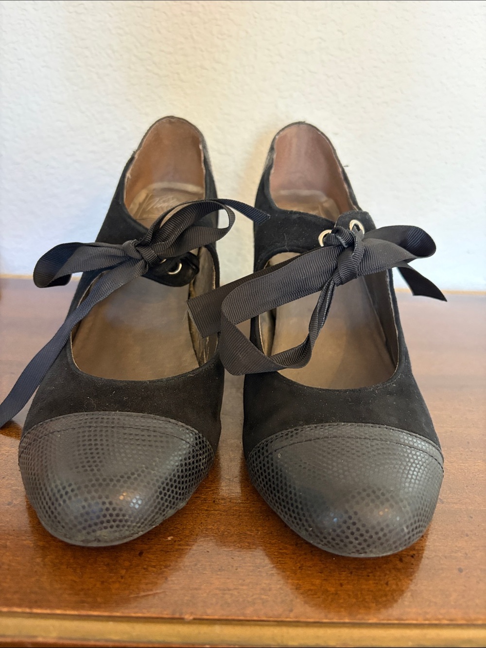 Jeffrey Campbell Vintage Black Suede Leather Wedge Mary Jane with Ribbon Tie 9 - Picture 2 of 10